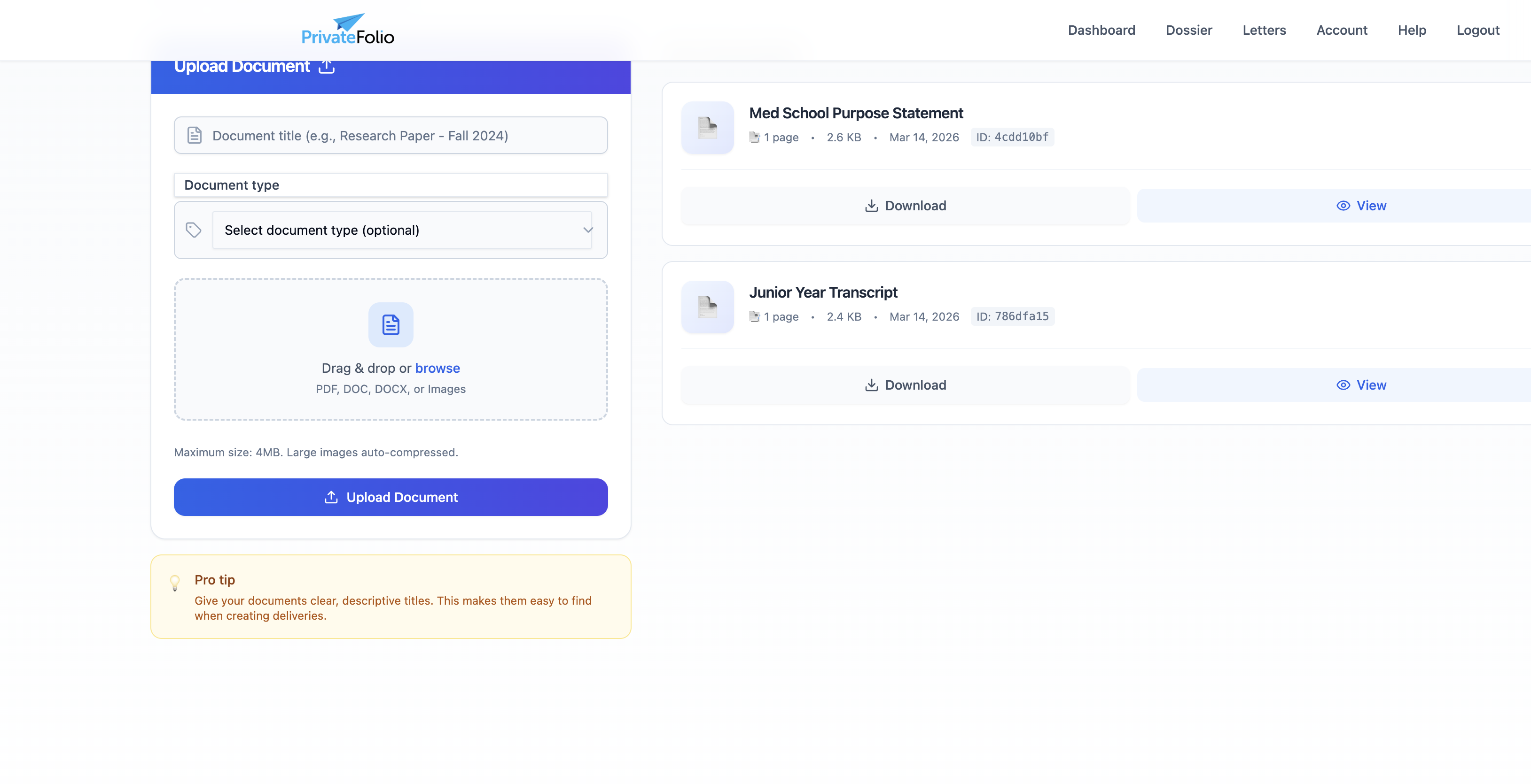 The dossier page with the upload form