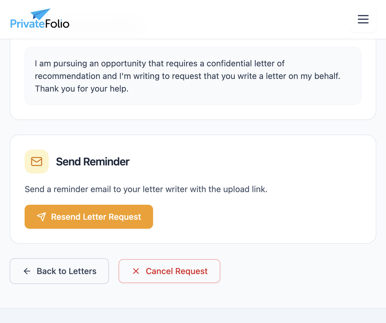 The Letters page showing a pending request