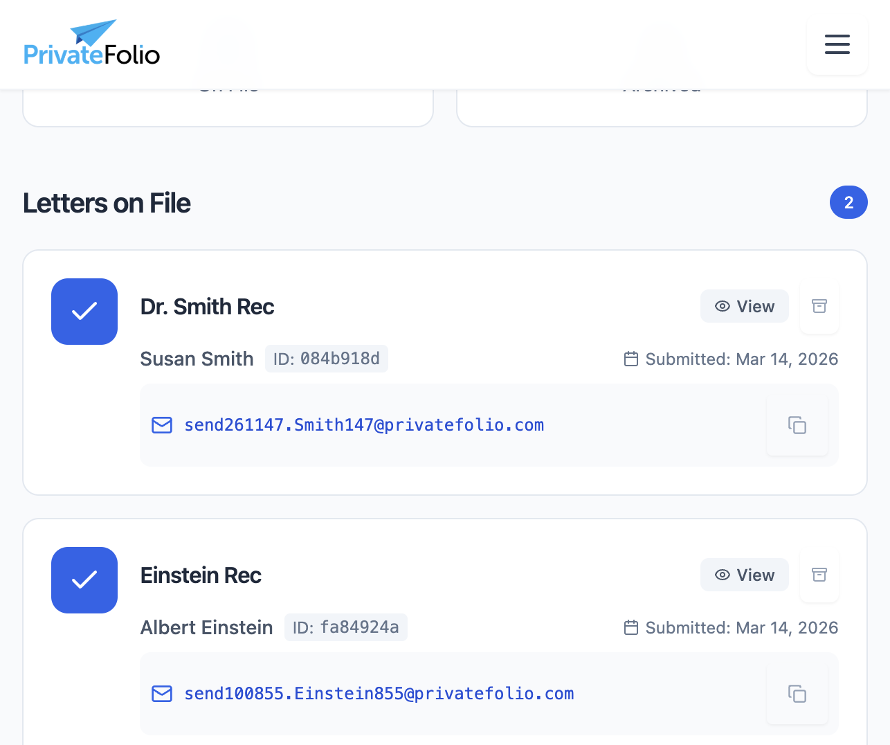 Letters page — each on-file letter shows its unique send address