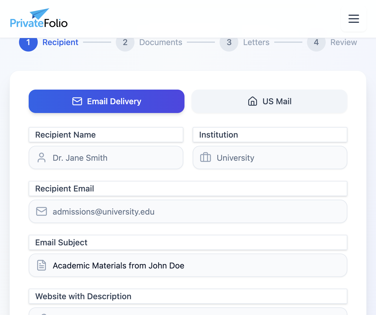 Starting a new delivery — choose email or US Mail