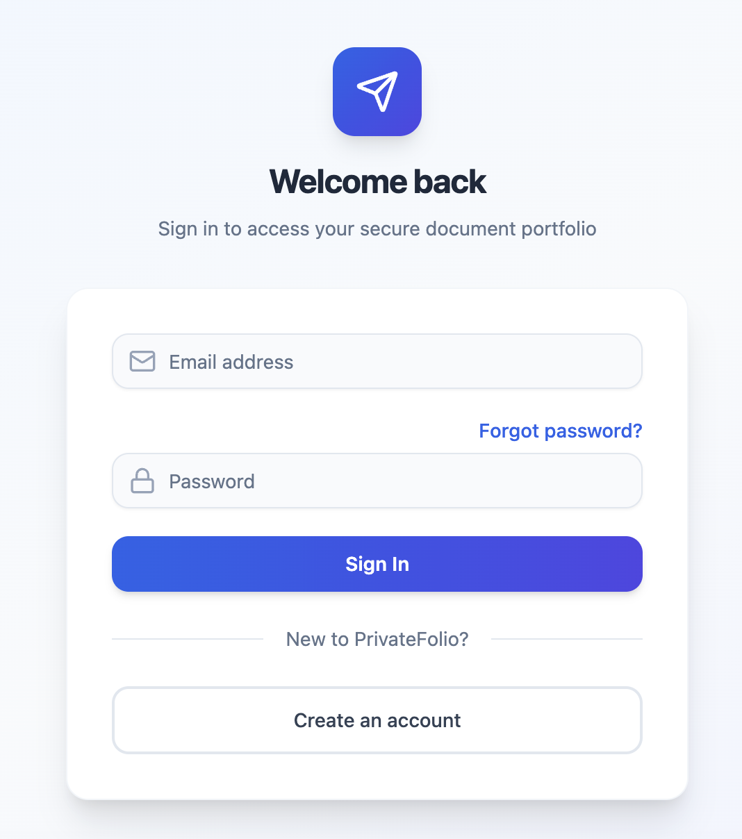 The PrivateFolio login page