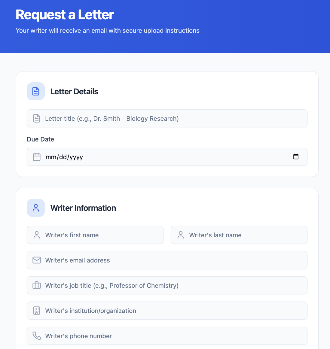 Letter request form — top: title, due date, writer details