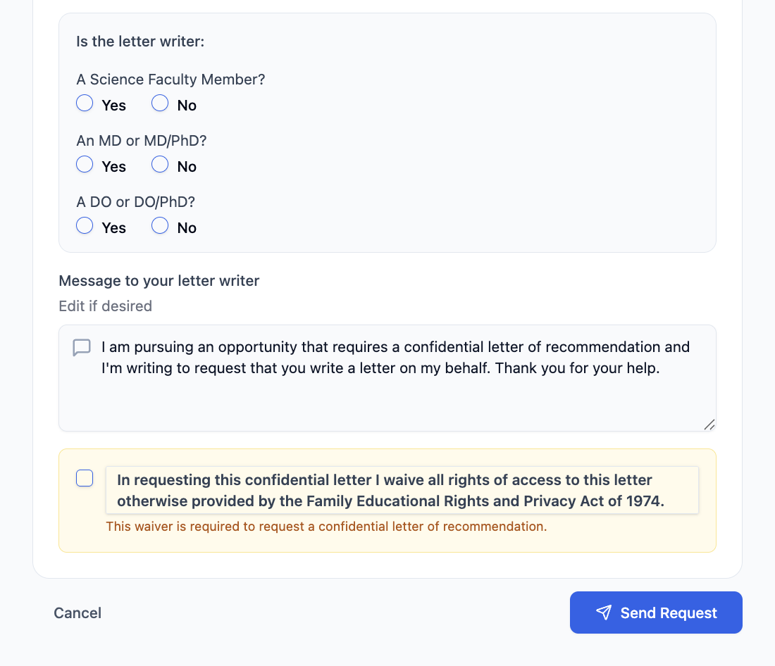 Letter request form — bottom: writer type, FERPA waiver, Submit button