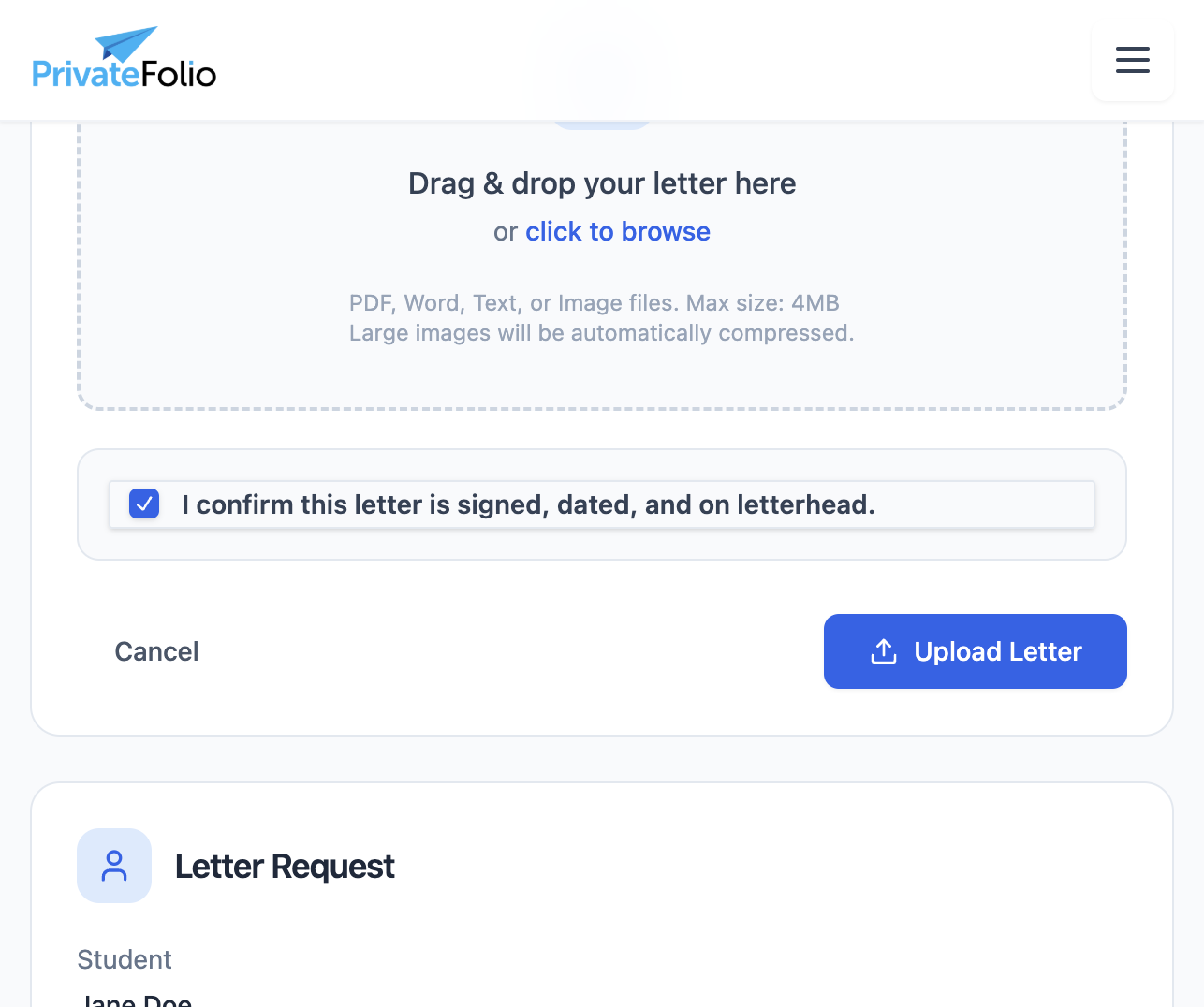 The letter upload form — check the confirmation box before submitting