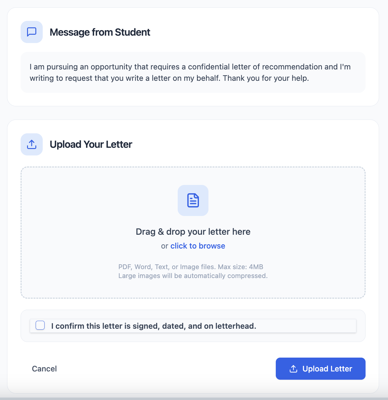 Letter upload page