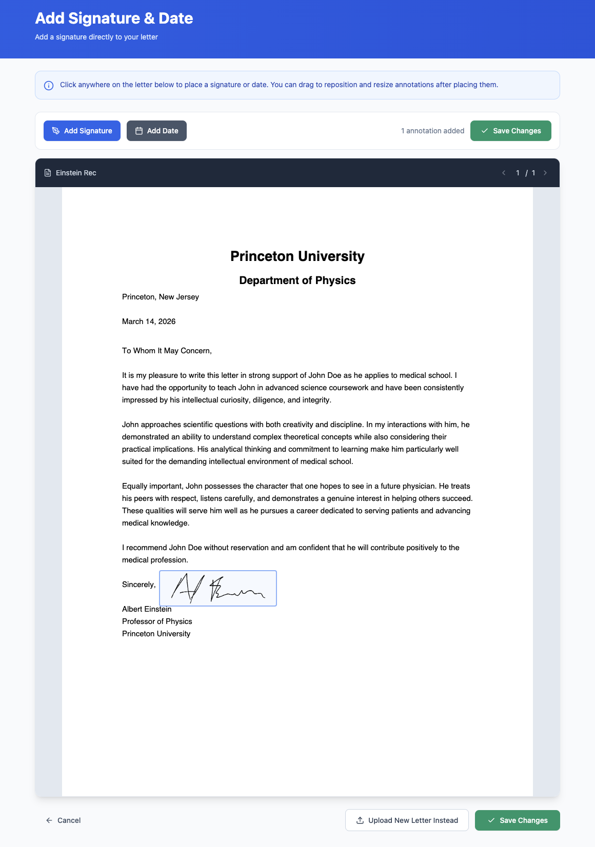 A signature being added to the letter during the upload process