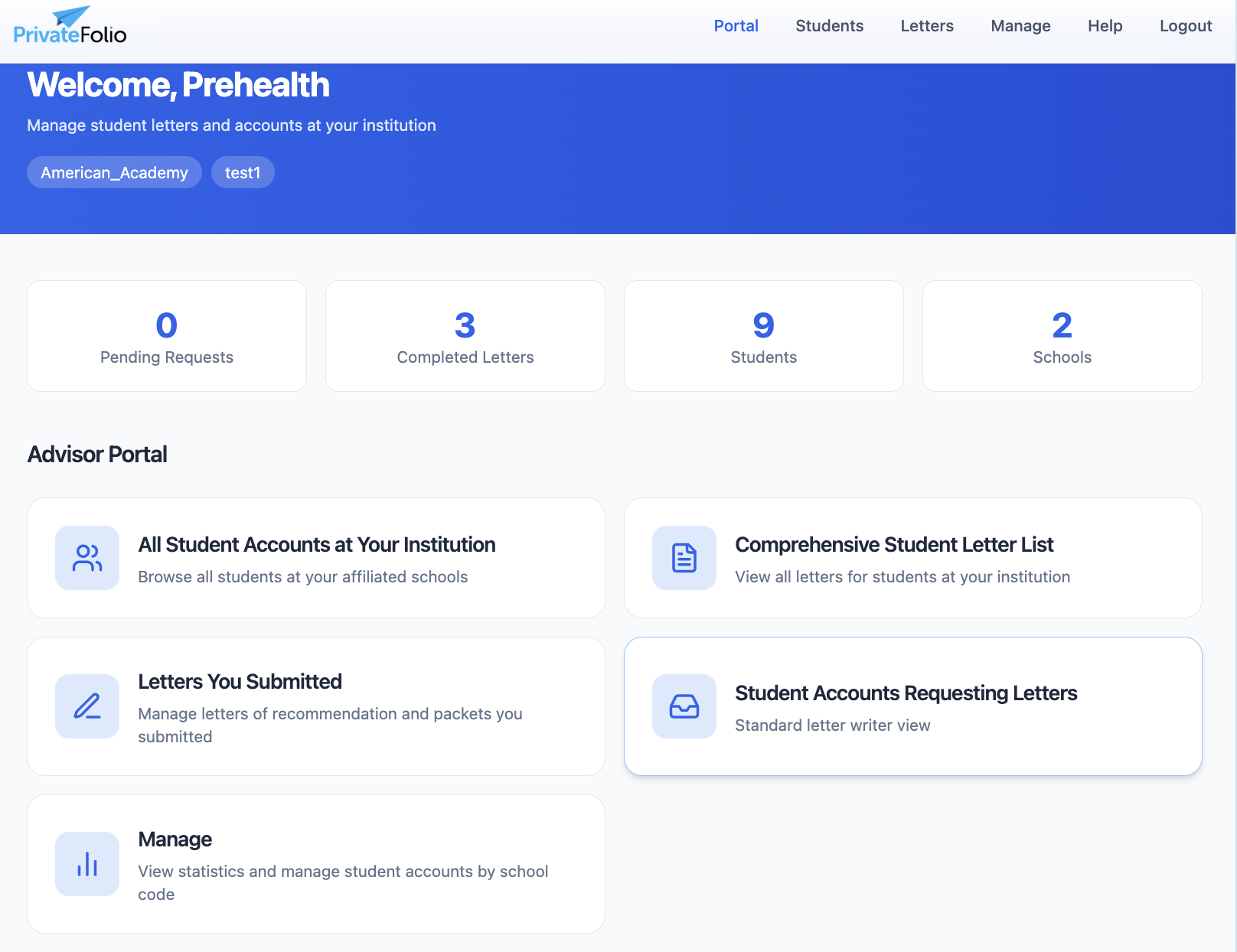 PrivateFolio advisor dashboard showing student letter status across the institution