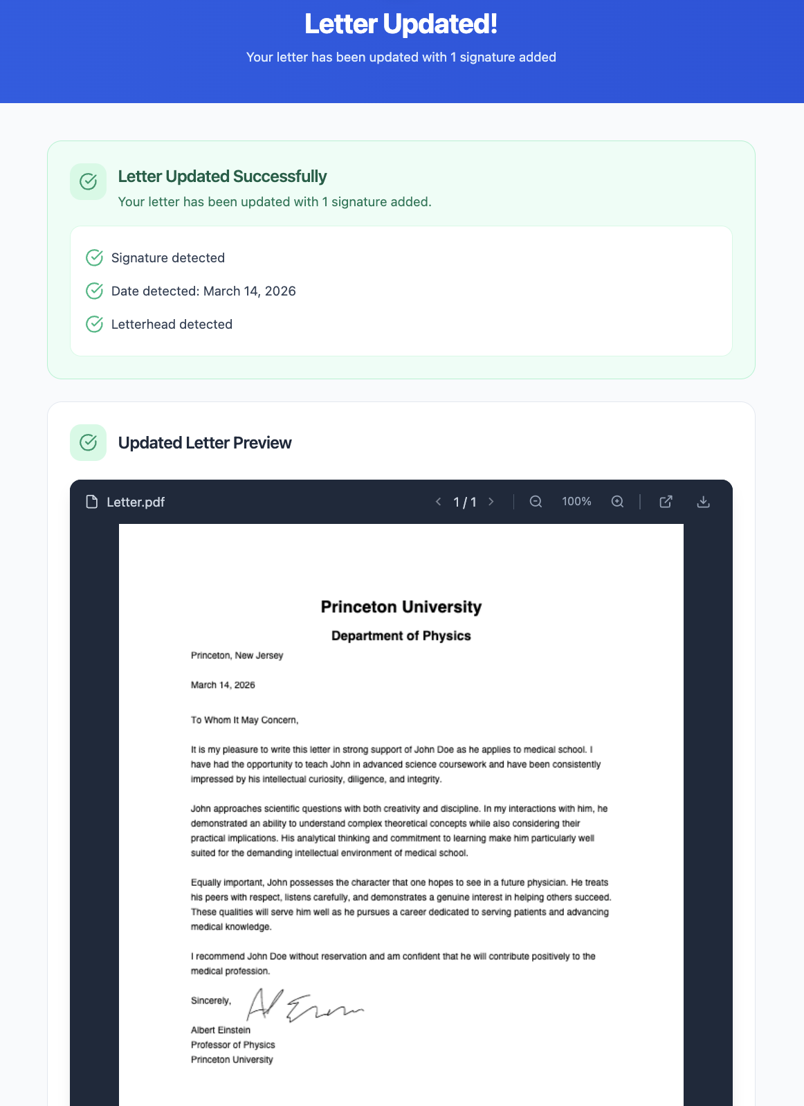 Confirmation that the letter was successfully updated