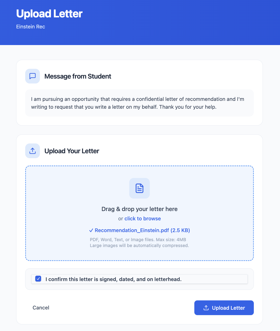 The letter writer's secure one-click upload page