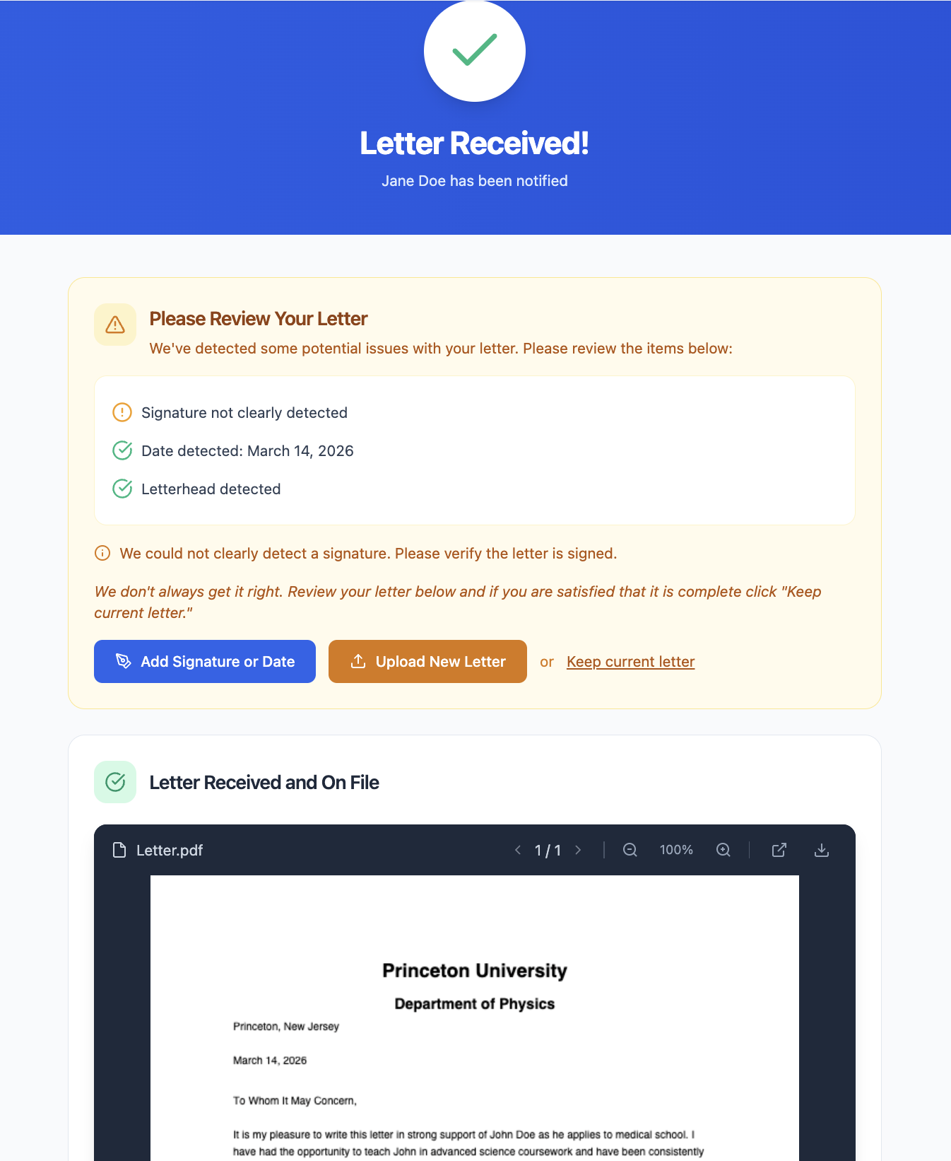 PrivateFolio's instant letter check flagging a missing signature
