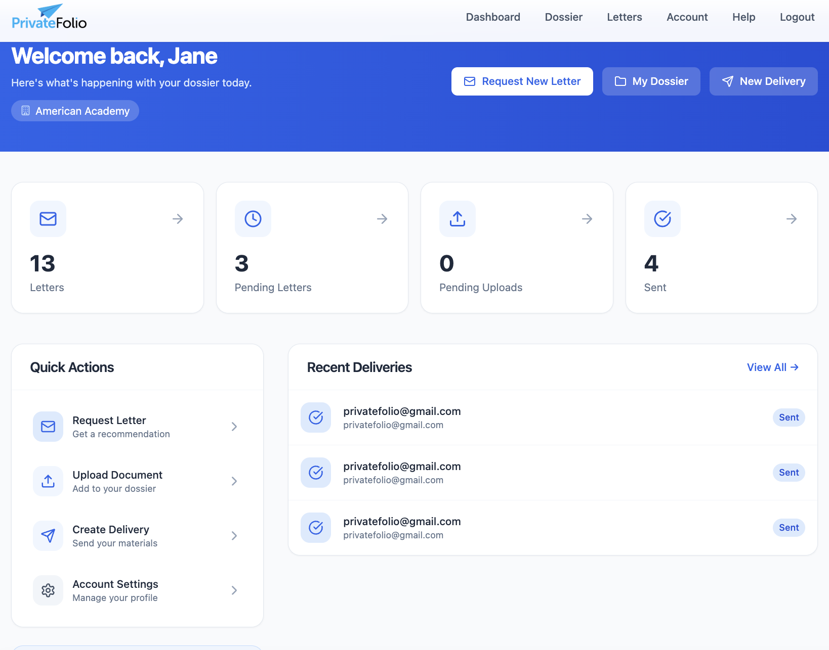 PrivateFolio student dashboard showing letters, documents, and deliveries